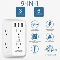 LENCENT Multi Plug Outlet Extender with 6 Outlets 3 USB