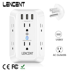 LENCENT Multi Plug Outlet Extender with 6 Outlets 3 USB